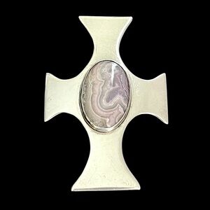 Large vintage sterling silver cross brooch pin with lace agate stone